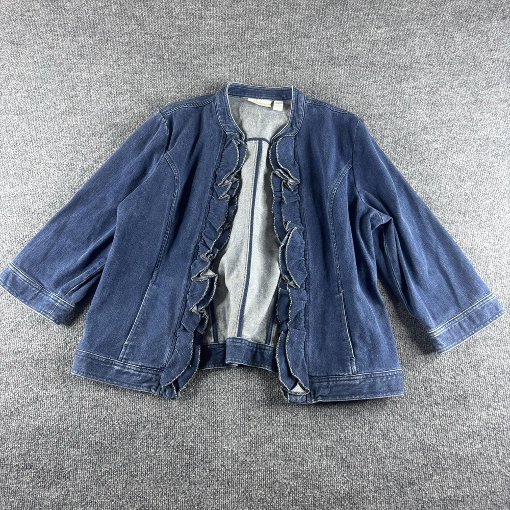 Chicos Jacket Womens 2 Blue Denim Ruffle Open Front 3/4 Sleeve Collarless Boho